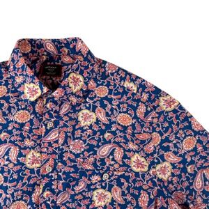 UNTUCKit Mens Med Slim Fit Blue Paisley Floral Cotton Linen Short Sleeve Shirt